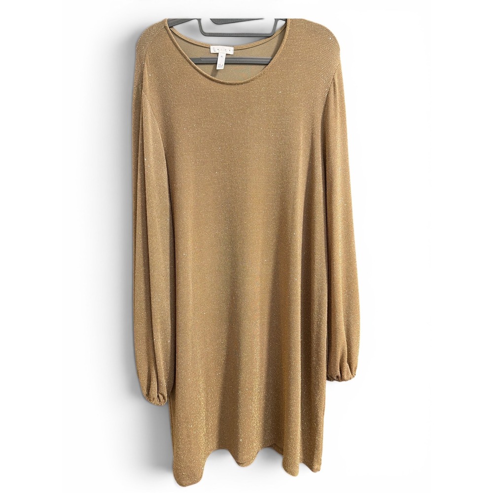 Leith Womens Gold Metallic Knit Shimmer Shift Dress Long Blouson Sleeve XL